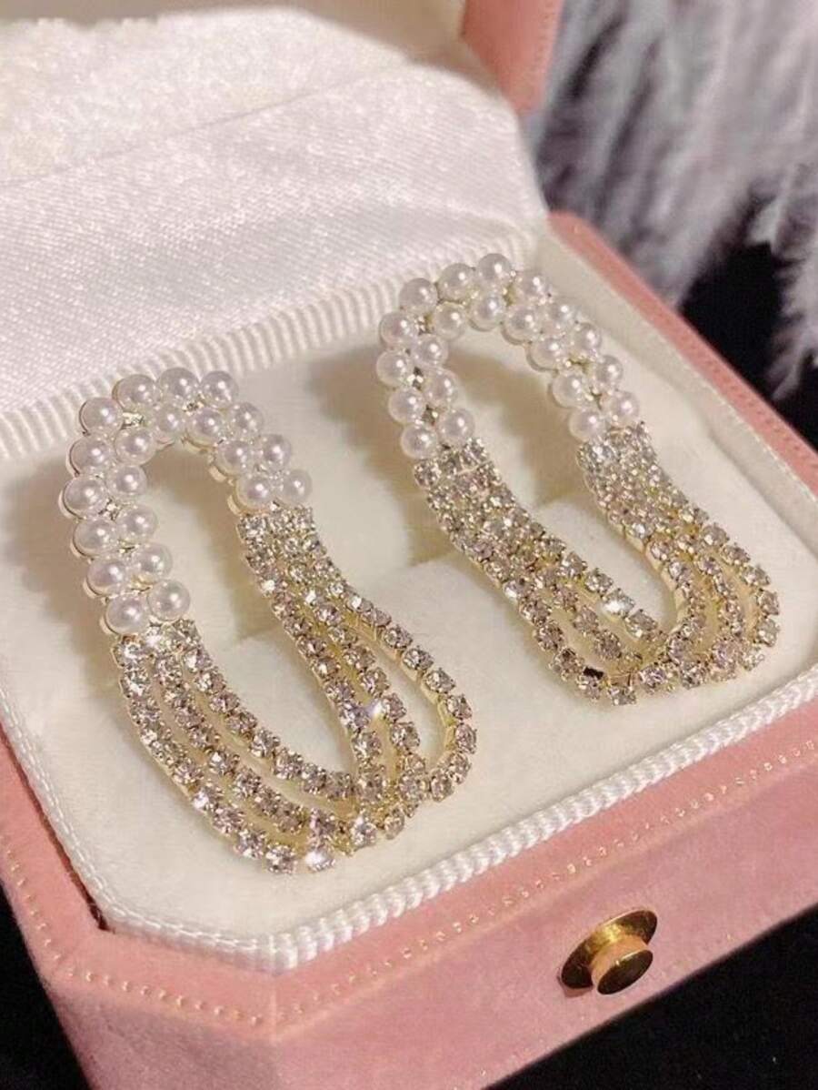 1 Pair Korean Elegant Pearl Tassel Earrings, Women Rhinestone Drop Earrings, Versatile For Daily Wear