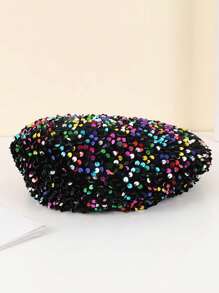 1 件女士彩色亮片金丝绒欧美贝雷帽，适合舞台表演派对
