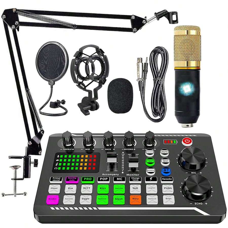 Podcast Equipment Bundle, Recording Studio Package With Voice Changer, Live Sound Card - Audio Interface For Laptop Computer Vlog Living Broadcast Live Streaming (F998) - 黑色 - 查看 1