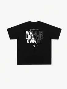 Men's Casual Letter Print Round Neck Short Sleeve T-Shirt, Spring/Summer Tops - Black - View 5