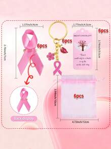 6pcs/12pcs Breast Cancer Promotional Accessories, Breast Cancer Women's Inspirational Gifts, Women's Pink Breast Cancer Promotional Decorations, Red Ribbon Brooches,Including Transparent Gauze Bag And Greeting Card, Women's Love Friendship Party Encouragement Gift,Car Keychains