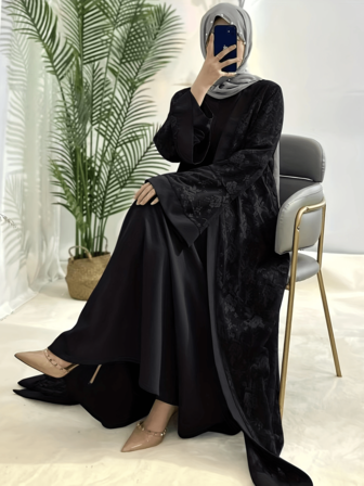 2 pièces/set Abaya femmes Cardigan en dentelle, Robe avec ceinture, Style européen élégant et rétro, Manche longue, Modeste