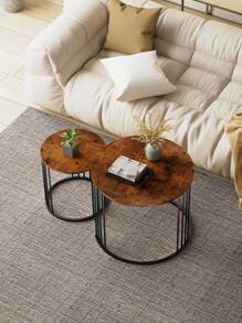 Nesting Coffee Table Set Of 2, Round Table, Morden End Side Table Night Stand For Bedroom Dining Room - Brown - View 2