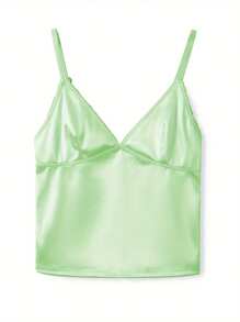Women's Summer Satin Cami Tops Sleeveless Open Back V Neck Solid Color Tank Tops - 綠色 - 查看 5