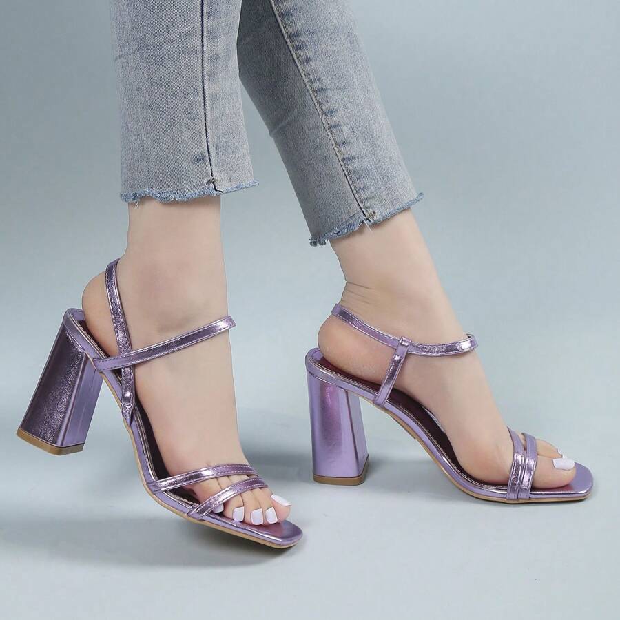 Sandalias de tacón ancho con punta cuadrada y correa trasera para mujeres, de color nude, ideales para vestidos formales, zapatos de verano de estilo elegante para mujer - LILA - Ver 1