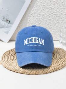 1pc Unisex Casual "Michigan The Great Lakes State" Washed Letter Printed Adjustable Baseball Cap, Outdoor Sports Fashion Streetwear Head Accessory, All Season