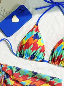 全新夏季女士性感甜美系带露背拼色热带海滩度假三件套比基尼套装