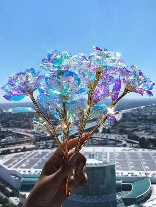 5pcs-Artificial Flowers, Rose Artificial Flowers, Galaxy Rose Glass Flowers, Colored Golden Roses, Colored Plastic Artificial Flowers, Family Decorations, Holiday Party Decorations, Valentine's Day, Girl's Birthday Gifts, Eternal Romantic Wedding Special Gifts, Romantic Holographic Flower Decorations, Suitable For Families, Weddings, Parties And Anniversaries. Graduation
