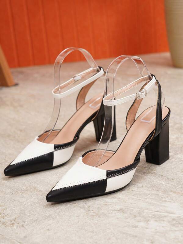 Sapatos sociais elegantes estilo francês, novos, plus size, bico fino, bloco de cores, salto alto, slip-on