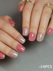 24pcs Long Almond / Short Square Press-On Nails Set, Gentle Minimalist Blush Multi-Color Shimmery Full Coverage Press-On Nails, Suitable For Girls And Ladies As Gifts, Parties, Office Wear, Includes Adhesive Tape And Nail File
