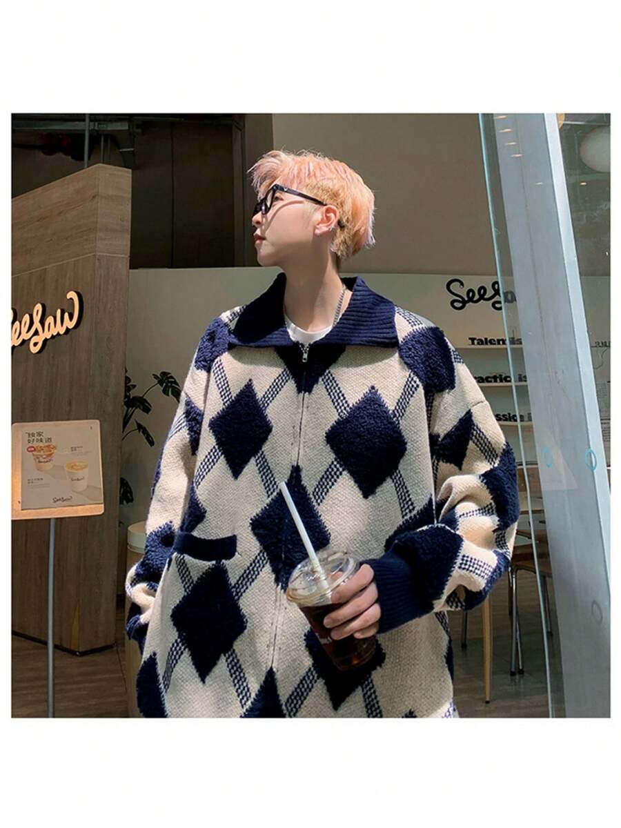 Men's Spring And Autumn New Cardigan Sweater, Retro Knitted Jacket With A Design Sense Of Hundred Tie Thread - Navy Blue - View 1