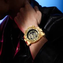 YaLaLusi 1 Piece Men's Bully Luxury Quartz Watch Personalized Big Wrist Watch Calendar Weekly Display Funky Hip Hop Style Watch Design IP Plating Wear-Resistant Oxidized Send Strap Remover Suitable For Daily Party Banquet Decorative Wear Best Choice Birthday Gift For Men Father Gifts
