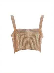 Women's Sparkly Sequin Wide Strap Crop Top Sleeveless V Neck Rave Tank Vest Clubwear - 金色 - 查看 6