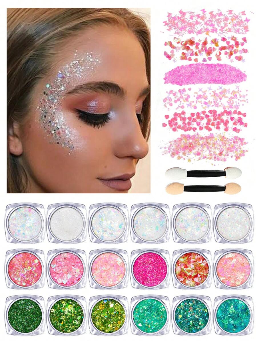 Set de 8 piezas (1 bote de 6 colores de gel brillante + 2 pinceles aplicadores) Kit de herramientas de maquillaje con brillos corporales, glitter súper de PET, polvo holográfico, gel para cara, cabello, decoración de fiestas, clubes, festivales de música, regalo para niñas