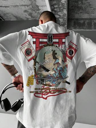 Shwiy Men's Tokyo Ancient Architecture & Samurai Graphic Short Sleeve Printed White T-Shirt, Suitable For Daily, School Wear, Gift