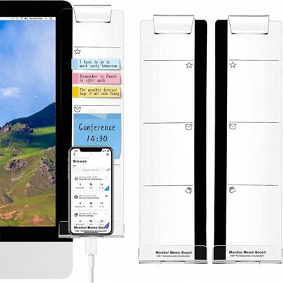 1 件显示器备忘板亚克力办公桌配件和工作区组织器多功能电脑显示器备忘板 - 透明电脑侧面板备忘创意显示器侧面板带手机支架适用于办公室家用桌面返校