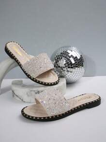 Fashionable And Luxurious Women Flat Sandals, Pearl And Rhinestone Decor Design, Round Toe In Multiple Colors, Comfortable Footwear Suitable For Stylish Outfits