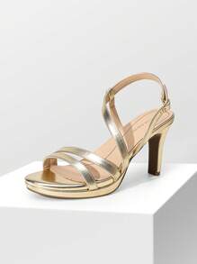 Women Elegant Multiple Strap High Heeled Sandals Open Toe Comfortable Dressy Shoes With Adjustable Ankle Strap For Wedding Party Prom - 金色 - 查看 3