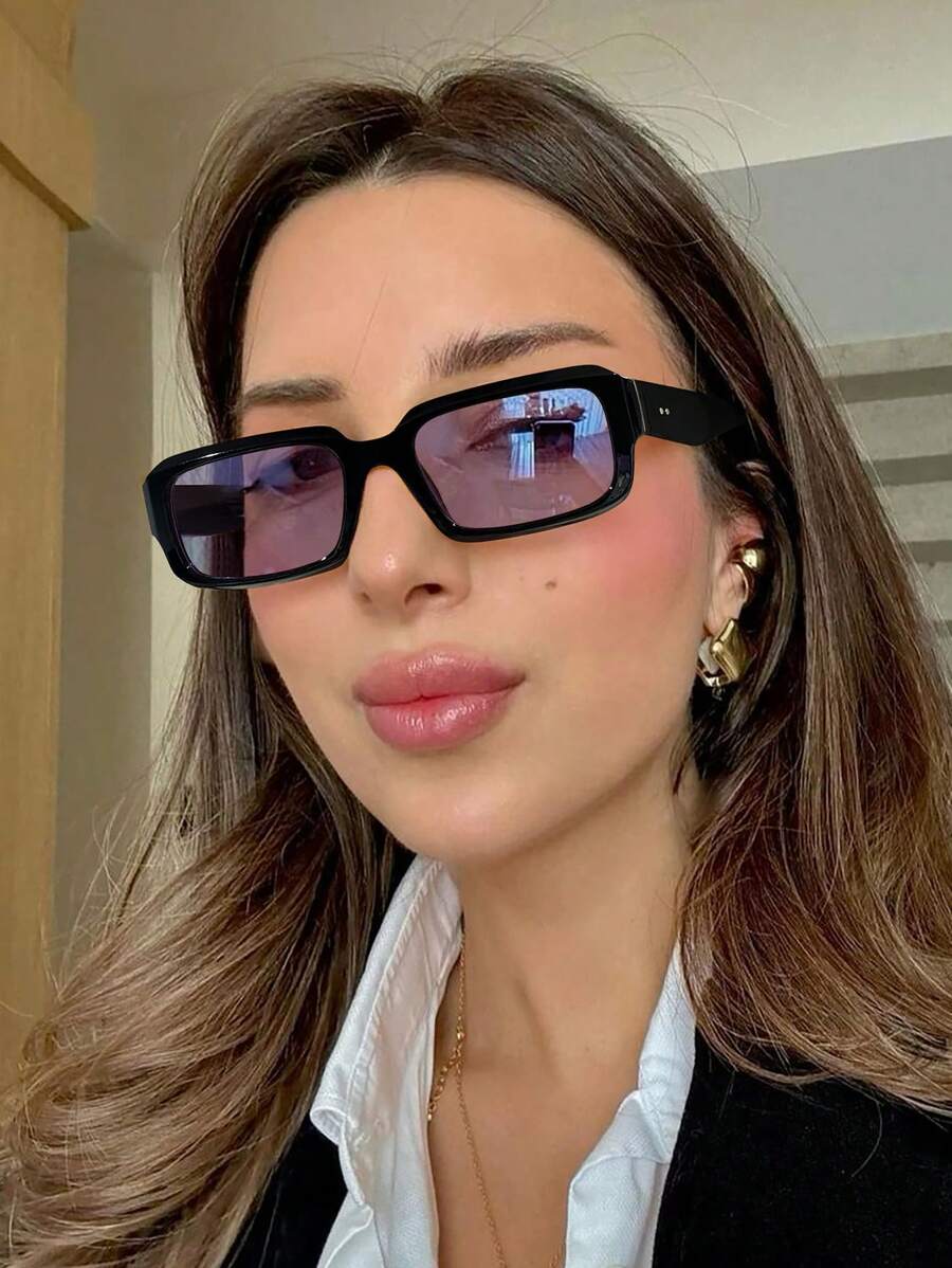 1 件女士亚克力经典休闲矩形时尚黑色眼镜，适合节日出游、服装搭配和节日礼物 - 彩色 - 查看 1