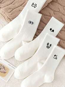 5 Pairs White Mid-Calf Socks, Unisex Versatile Daily Classic Minimalist Style School/Sports Socks, All Season