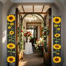 1 para (11,8*70,8 cala/30*180 cm) dwustronna dekoracja drzwi z motywem kwiatowym wiosennym ze wzorem słonecznika, materiał poliestrowy, wisząca ozdoba na werandę Happiness Spring, dekoracja ścienna do wewnątrz/na zewnątrz, lambrekin na drzwi imprezowe, wiszący baner w stylu wiejskim i podwórkowym, wiosenna dekoracja pokoju - nie wymaga zasilania, idealna na przyjęcie świąteczne w domu i na zewnątrz