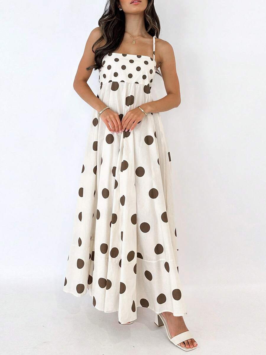 2025 Women Long Cami Dress Stripe/Dot Print Spaghetti Strap Backless A-Line Flowy Dress - 白色 - 查看 1