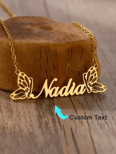 1pc Children's Customization Double Butterfly Custom Necklace For Girl Stainless Steel Custom Name Pendant Necklace Personalized Jewelry Butterfly Decoration, Gold Fashion, Spring Fashion, Simple, Cute, Casual, Personalized, Personalized, Daughter, On Anniversary, Children's Birthday Gift, Daily Children's Clothing Decorations,Letter,Engraved,Ornamental,Exquisite,Stylish,Modern,Custom,Personalised,Unique,Customized,Baby Gifts,Ideal Gifts For Him,Ideal Gifts For Her,Son,Daughter