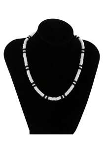1pc Men's Vintage Versatile Black & White Ceramic Geometric Beaded Pendant Necklace, Suitable For Beach/Resort Wear
