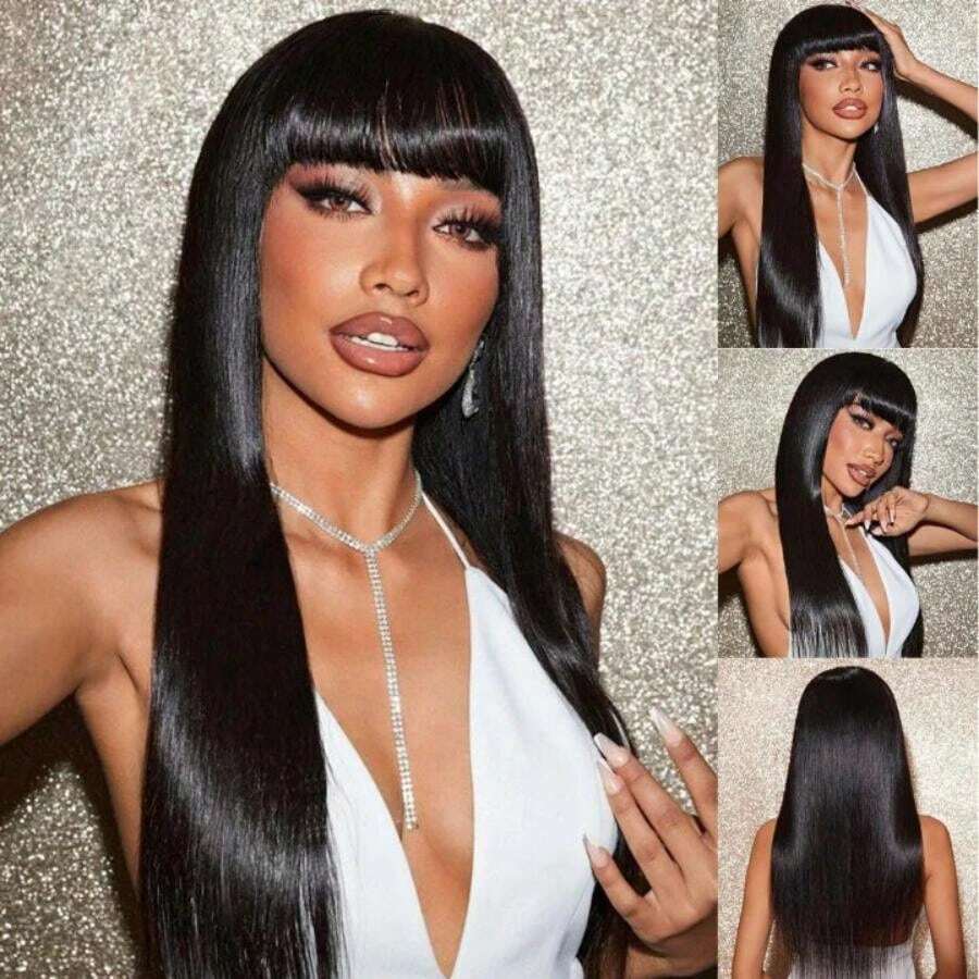 Straight Human Hair Wigs With Bangs 250% Density Wear And Go Glueless Wigs 100% Brazilian Virgin Human Hair Wigs For Women