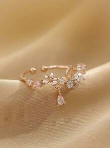 1pc Fashion Rhinestone Flower Open Ring, Delicate & Charming Floral Design Adjustable Finger Ring - Rose Gold - View 2