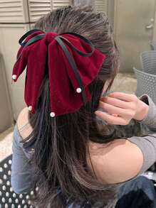 1 pièce, imitation velours noir/bordeaux, ruban décoratif en perles, grande pince à cheveux pour femme, pince à cheveux de qualité supérieure, douce et élégante, demi-queue de cheval, couvre-chef multifonctionnel, convient pour les tenues de fête décontractées au quotidien