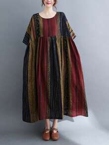 Top, Festival de Primavera Chino, Vestido casual de rayas bohemio de verano 2026, Vestido de mujer, Ropa diaria de talla grande para mujer, Vestido holgado y suelto de cuello redondo y manga ancha de estilo vintage de talla grande para mujer - Rojo - Ver 3