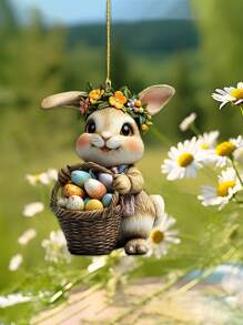 3 piezas Conejo de Pascua 2D de acrílico con huevos colgantes, para llavero, espejo retrovisor del coche, mochila, accesorio para colgar en manijas de puertas, decoraciones primaverales para el hogar y el jardín