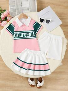 3 stuks/set meisjes casual outfit - polo shirt + A-lijn rok + shorts, school stijl sportieve chique veelzijdige set