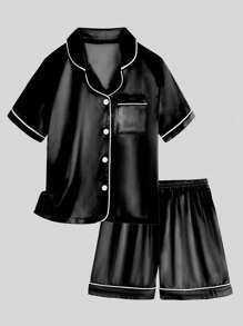 2pcs Tween Boy Black Lapel Neck Short Sleeve Single-Breasted Top & Shorts Casual Pajamas Set