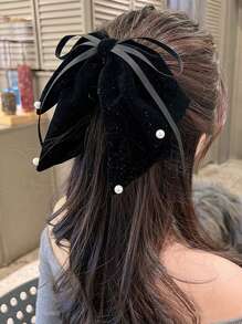 1 pièce, imitation velours noir/bordeaux, ruban décoratif en perles, grande pince à cheveux pour femme, pince à cheveux de qualité supérieure, douce et élégante, demi-queue de cheval, couvre-chef multifonctionnel, convient pour les tenues de fête décontractées au quotidien