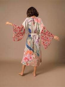 Oversized Retro Style Mid-Length Kimono Cover Up, Beach Cover Up Swimsuit Wrap For Plus Size, Summer