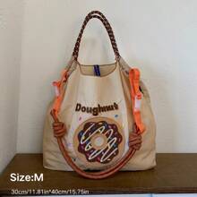 Ladies' Tote Bag Fashion Shoulder Bag Nylon Fabric Embroidered Doughnut Lightweight Foldable Handbag, Large Capacity Crossbody Bag Suitable For Commuting, Travel, Leisure, Gym, Holiday Gift