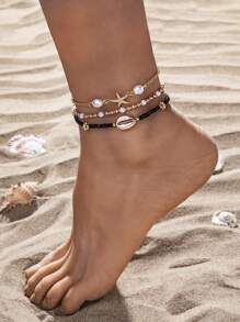 3pcs/Set Summer Beach Style Metal Starfish & Shell Beaded Anklet Set For Women - Multicolor - View 20