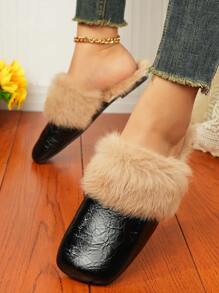 Women's Furry House Slippers, Silver & Black Colors, Comfortable For Multiple Occasions - Black - View 2