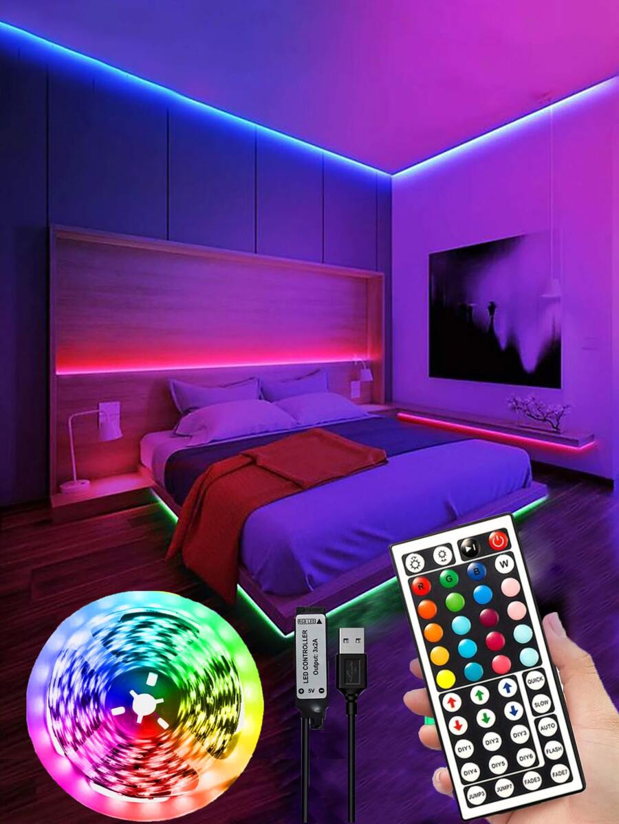 1 件 44 键遥控 RGB LED 灯带，多色照明，适用于家庭派对装饰、游戏室、卧室、客厅、厨房 - 可调光