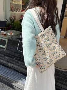Linen Daisy Embroidered Canvas Tote Bag, Large Capacity Hand Held & Shoulder Bag