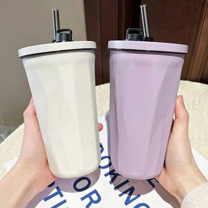 Minimalist Crystal Coffee Cup, Creative Office Couple Cup, 304 Stainless Steel Retractable Straw Cup, Back To School Season