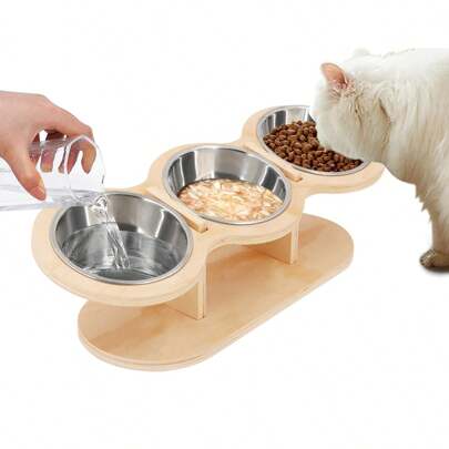 Tigela elevada para comida de gato, 3 tigelas elevadas de aço inoxidável com suporte, tigela inclinada de 15° para gatos de interior, anti-vômito, fadiga dos bigodes e lavável na máquina de lavar louça