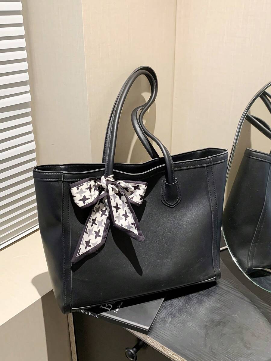 Scarf Decoration New Retro Large Bag Solid Color Shoulder Tote Women's Bag Fashionable Metal Chain Shoulder Strap Crossbody Bag Multi-Purpose Two-Handed Casual Tote Shoulder Pocket Large Bag Versatile Commuter Women's Bag - Black - View 1