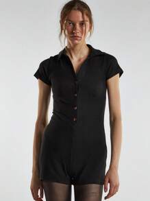 Black Button-Front Playsuit - Black - View 4