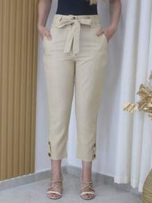 Linen Pants With High Waist Belt - 深米色 - 查看 2
