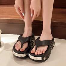 Women's Spring/Summer Thick Sole Slippers, Street Fashion Rivet Decor Platform Slip-On Casual Indoor/Outdoor Flip Flops
