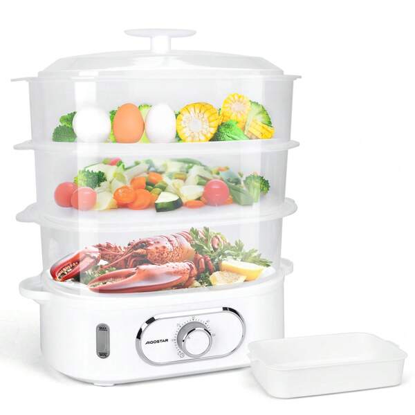 Elektrischer Dampfgarer 12 L, Dampfgarer mit 3 stapelbaren Behältern, Eierkochhalter, 60-Minuten-Timer, Reiskochbehälter, 900 W