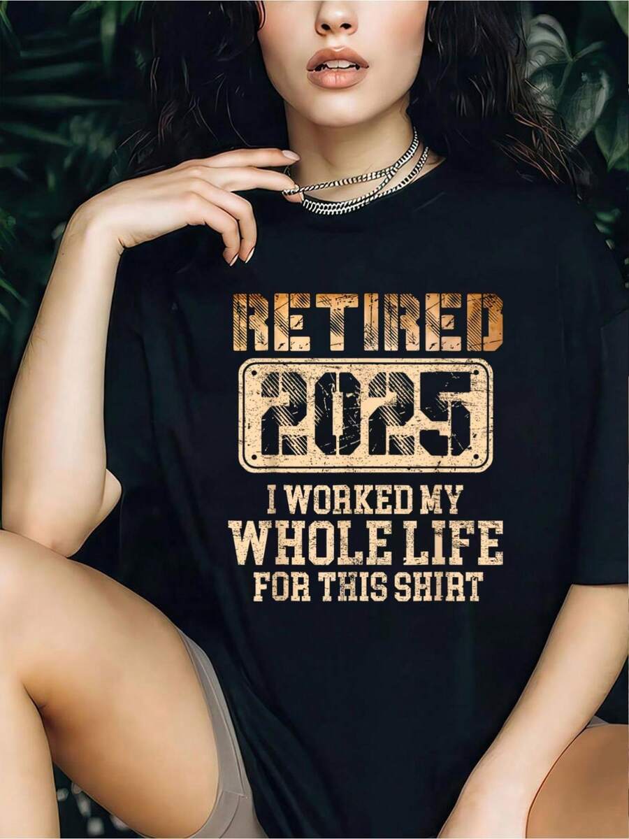 Camiseta de algodón 100% con gráfico impreso para hombres y mujeres, "Retirado 2025 Regalo de Jubilación Vintage Humor Amantes", de manga corta, cuello redondo, cómoda y de ajuste relajado, para primavera y verano, para amantes del deporte - Negro - Ver 1